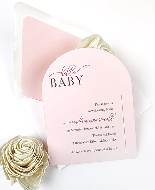 Baby shower invitation made with pink arch cards, envelopes and liners from LCI Paper