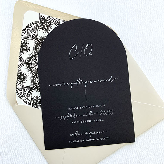 Simple arch shaped save the date cards | Black with white printing by LCI Paper