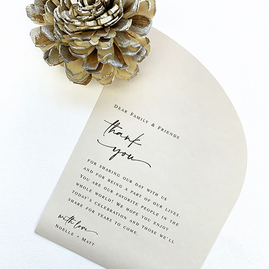 Thank you cards for wedding guest table settings printed on Chardonnay taupe half-arch paper