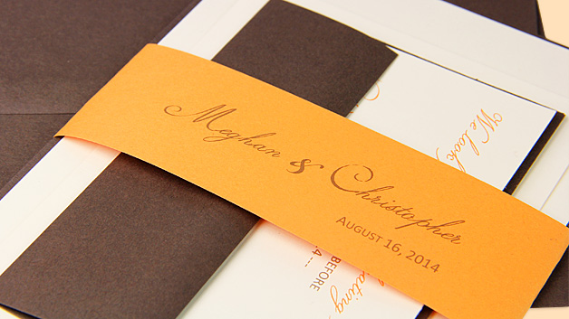 Orange, brown, and cream invitation with personalized paper band