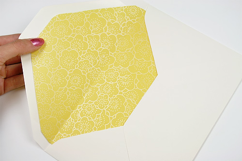 A9 baronial flap envelope lined with yellow floral Japanese pearlized paper