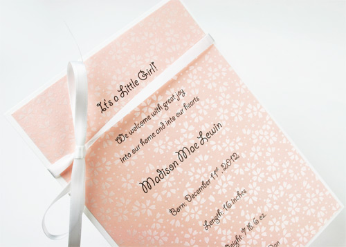 birth announcement card with words printed on decorative pearlized paper