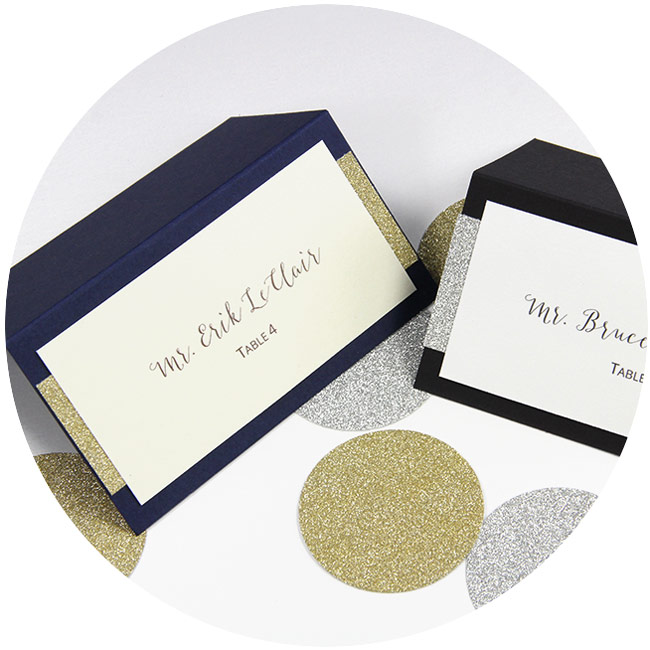 DIY layered glitter place cards. Free print templates and instructions in post on LCIPaper.com. Make with any papers or colors.