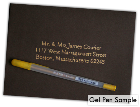 brown wedding envelope addressed with gel pen