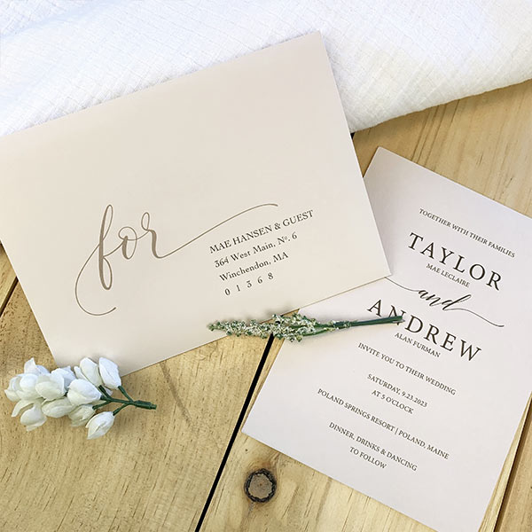 Neutral wedding colors - Chardonnay taupe wedding envelope with gray card printed by LCI Paper