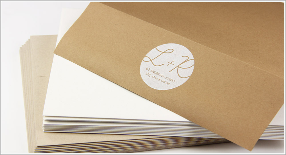 Custom backflap return address design printed on grocer kraft envelopes