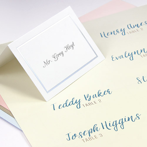 Easy print, multi-up seating cards in flat and folding formats and traditional colors