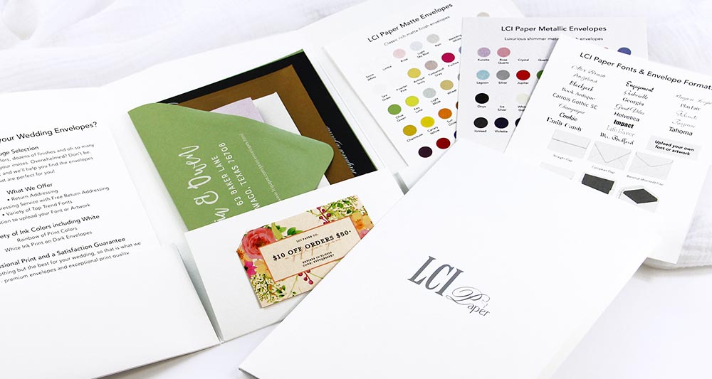 Order envelope addressing sample kit from LCI Paper. Includes several printed and addressed samples, white ink printed samples, coupon for order. Great tool for brides and invitation designers