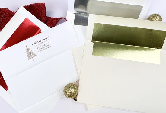 Foil lined envelopes for holiday cards, printed by LCI Paper