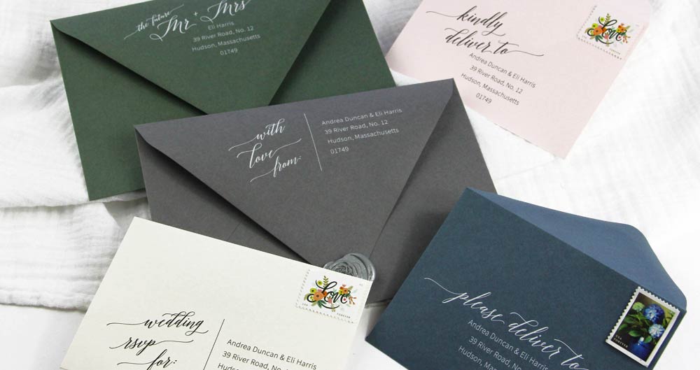 Free wedding return address templates. 5 calligraphy designs to print on response envelopes or invitation envelopes. Easy to customize in Word.