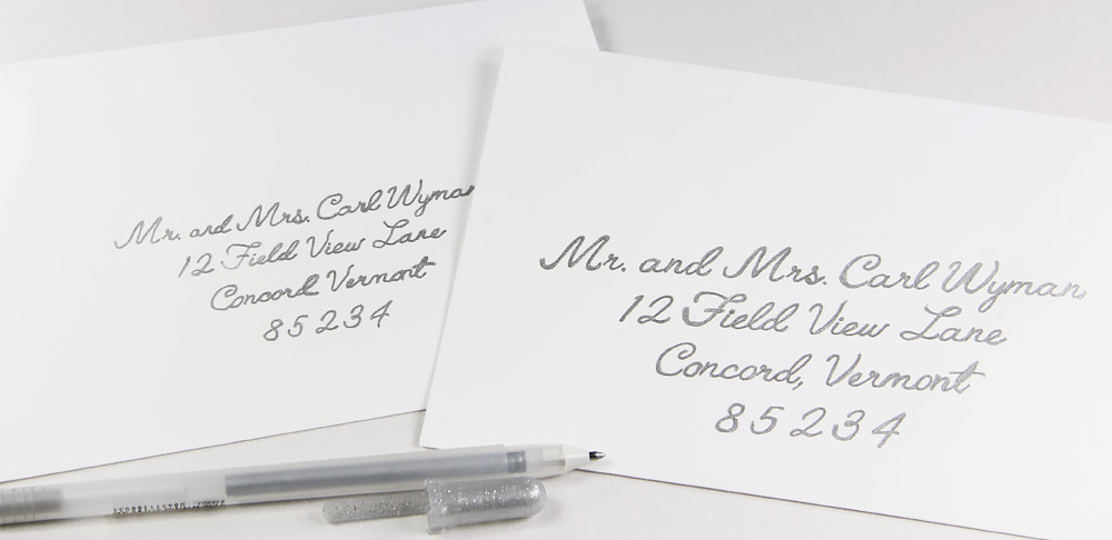 Cotton envelopes hand written with silver gelly roll pen