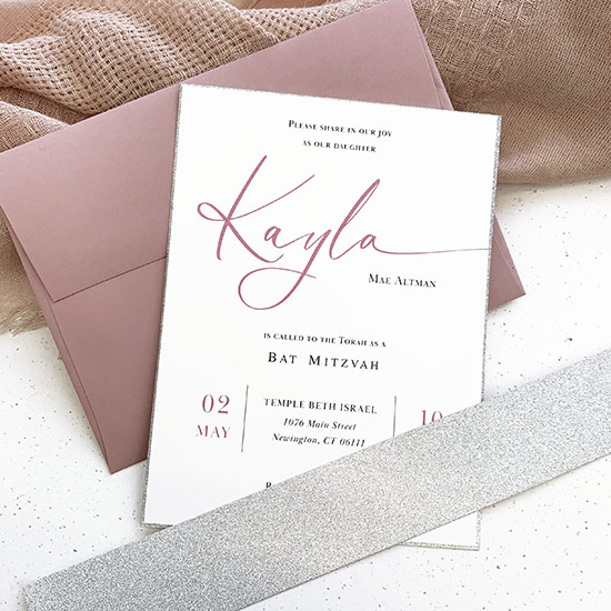 Dusty rose and silver glitter layered Bat Mitzvah invitation