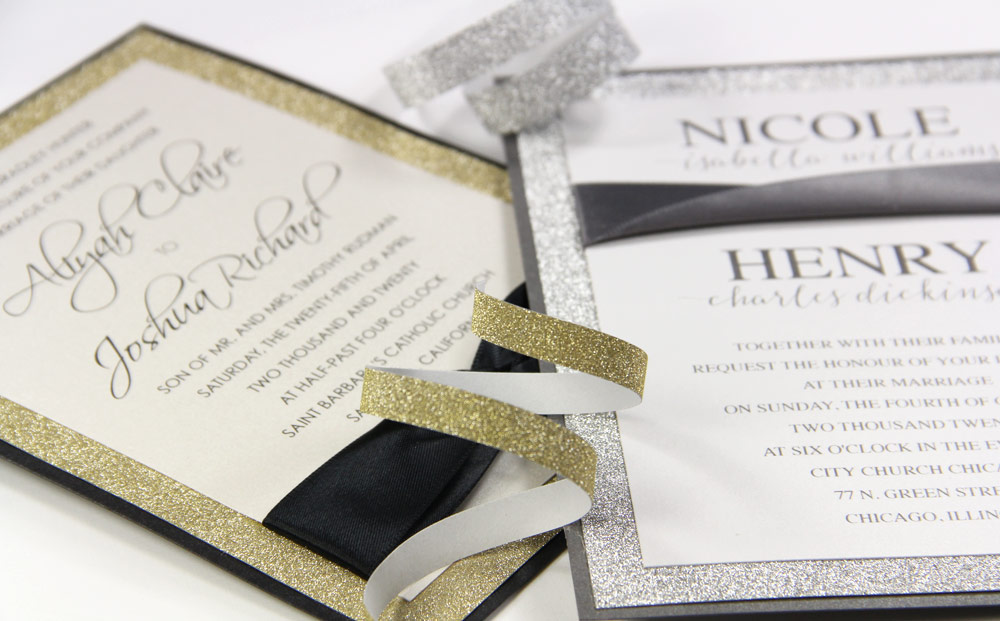 Glitter wedding invitations made with with MirriSPAKLE glitter paper layer