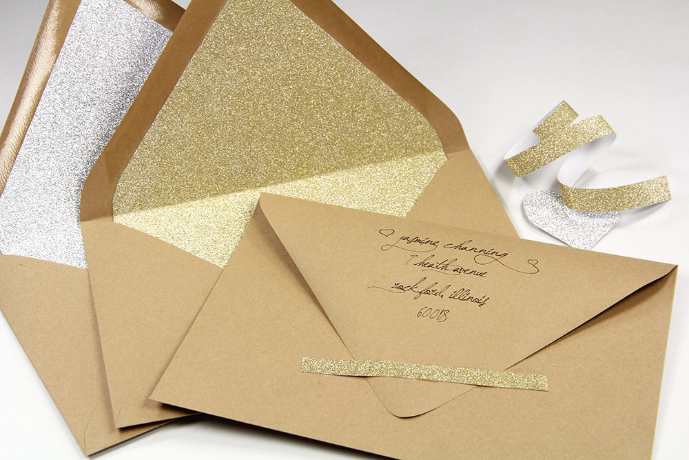 Euro flap kraft envelopes lined with silver and gold MirriSPARKLE glitter paper