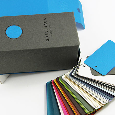 Luxury product box made with Gmund Colors papers. All 48 Gmund Colors are made to mix and match for easy packaging color selection.