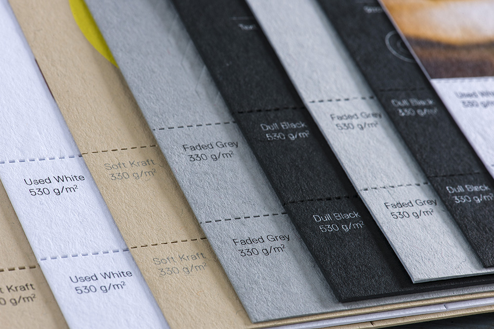 Gmund Heidi Card Stock Papers Designed For Letterpress: Used White, Soft Kraft, Dull Black & Faded Grey