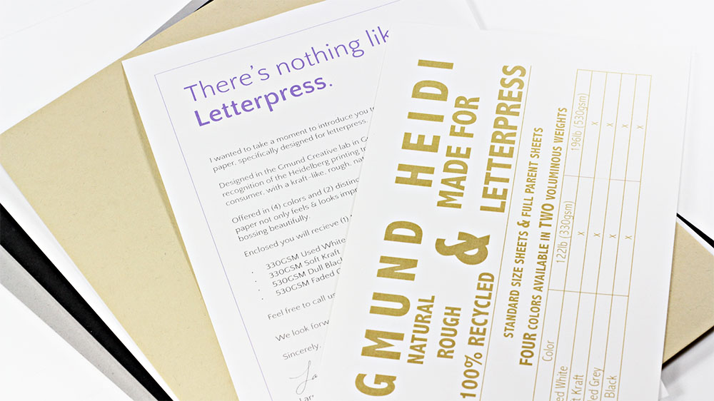 Gmund Heidi Sample Kit from LCI Paper. 100% recycled paper designed for letterpress. 