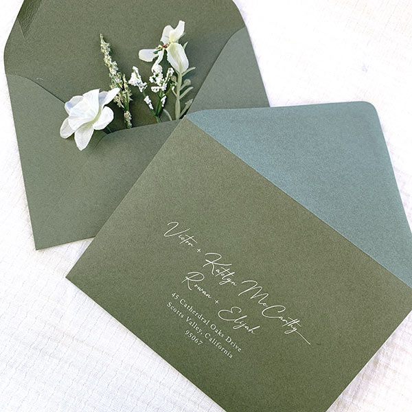 Dusty mid green envelopes printed and addressed in white ink by LCI Paper
