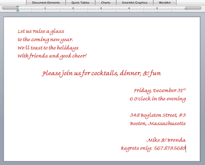 formatted Word document with holiday invitation wording