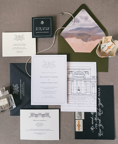 Custom wedding invitations made using LCI specialty paper and envelopes, designed by Jubilee Paper