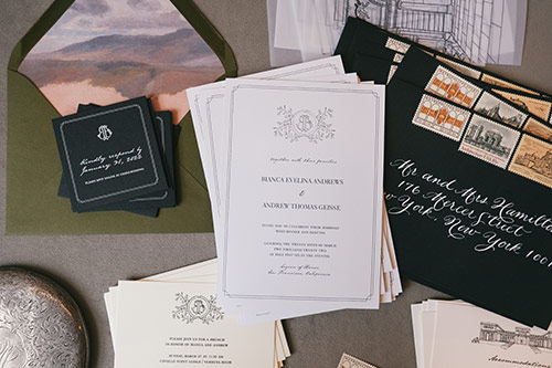 Custom designed wedding invitations using LCI Paper designed by Meryl Miller of Jubilee Paper