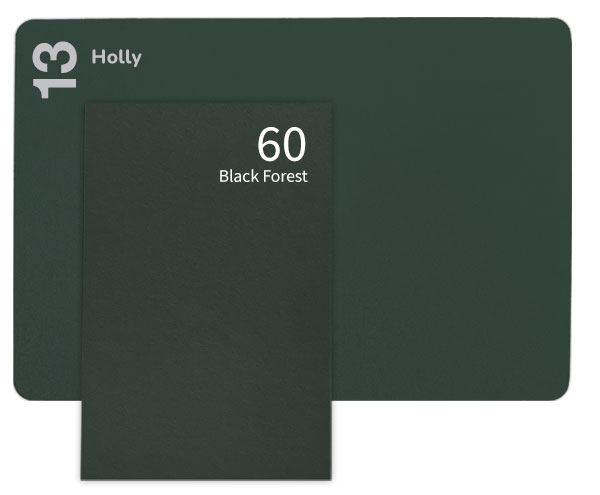 Gmund Colors and Keaykolour paper comparison | Gmund Black Forest (60) and Keaykolour Holly (13) - dark hunter green papers