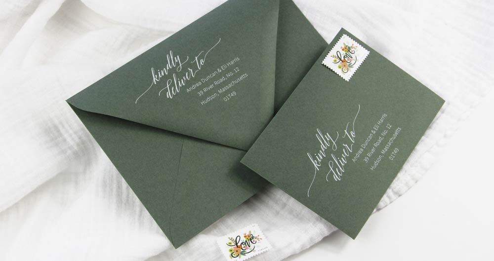 Download and customize free wedding return address template in Word. Calligraphy return address template includes Kindly Deliver in script. SHown printed in white on dusty green envelopes - printing and envelopes from LCI Paper