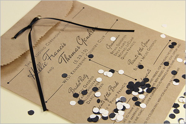 wedding program printed on paper bag and filled with confetti