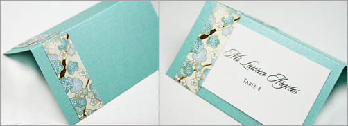Designer place card made with metallic Stardream Lagoon, White Card Stock and Japanese Chiyogami Blue Tree Flower pattern