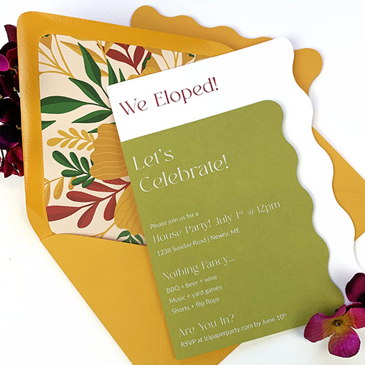 Tropical invitation made with laser cut side wave, scallop edge cards printed and cut by LCI Paper