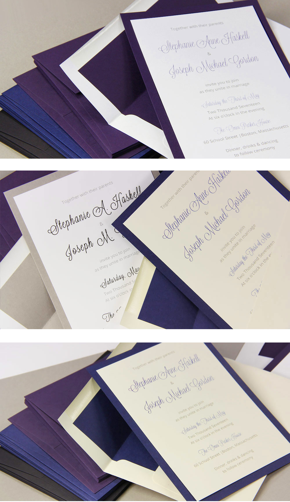 Layered 5 x 7 wedding invitations with matching lined envelopes