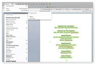 screen shot of changing fonts in wedding program