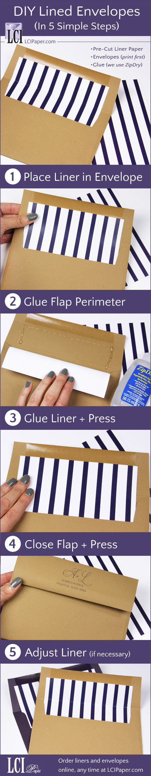 Infographic - line your own envelopes in 5 steps using LCI's printed pre-cut envelope liners