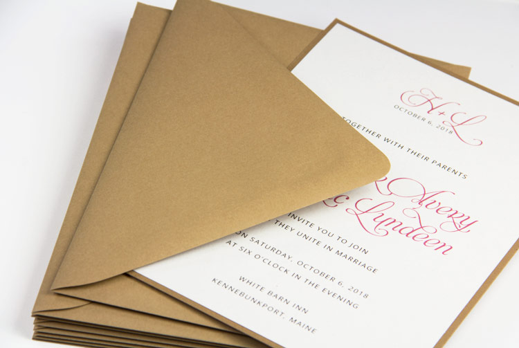 Layered DIY wedding invitation made with matching kraft papers and envelopes