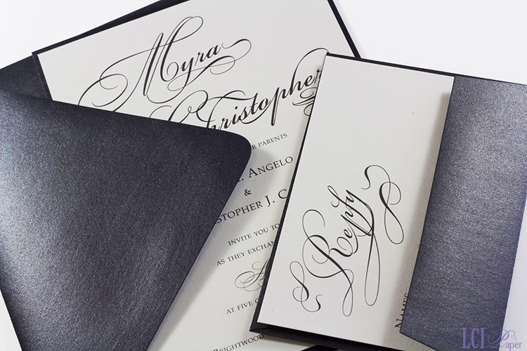 Gray and black wedding invitation with metallic black envelopes