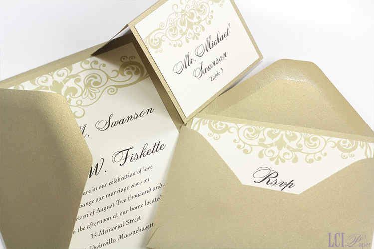 Layered metallic wedding invitation and place card made with Curious Metallics Gold Leaf