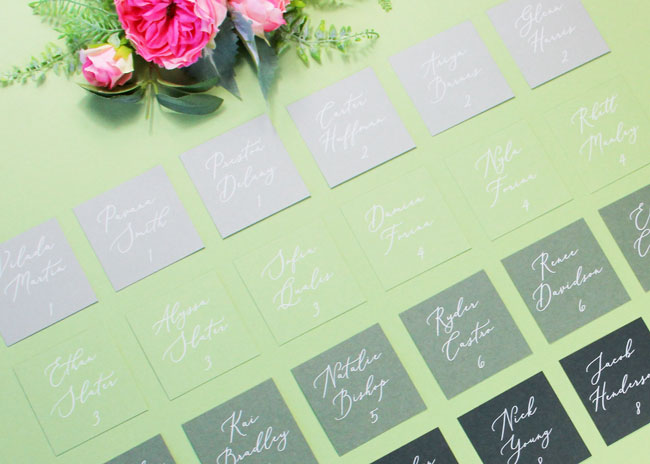 Green ombre wedding seating chart printed by LCI Paper. Download template and print/cut at home, or order printed and cut.