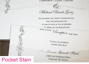 Pocket fold wedding invitation with v-shaped pocket stain on invitation and response cards