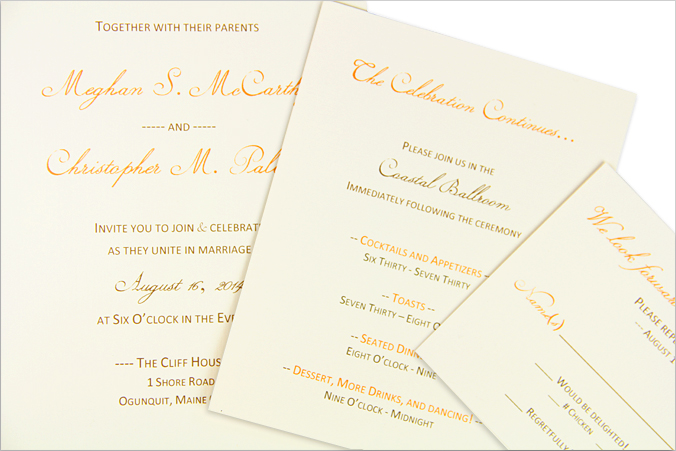 ecru wedding invitation cards with brown and tangerine text