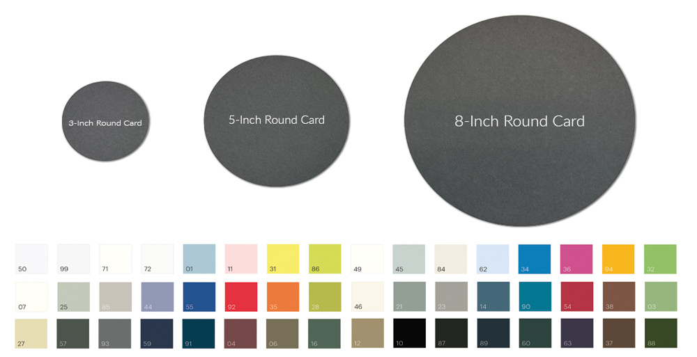Round, circle shaped invitation paper at LCI Paper - 48 colors, 3 sizes, blank or printed