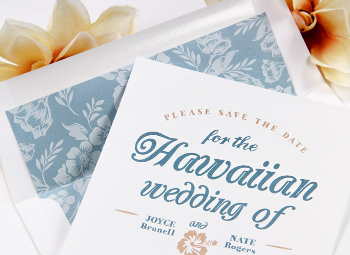 Hawaiian themed save the date with complementing custom printed floral envelope liner from LCIPaper.com