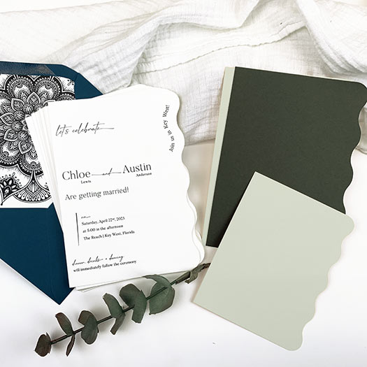 Scallop, wavy edge invitation cards now available at LCI Paper. Invitation made with wavy edge cards.