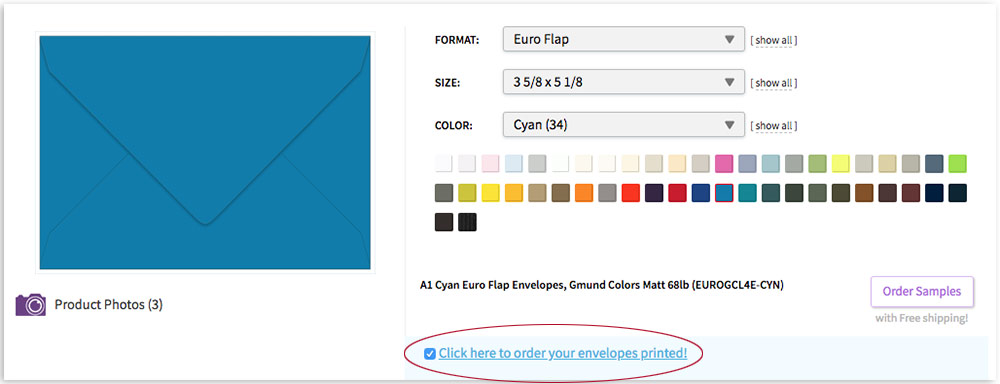 select printed button on envelope ordering page