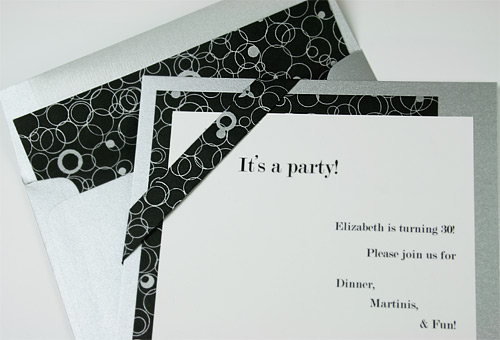 silver square party invitation with black bubbles pearlized envelope liner and decorative layer