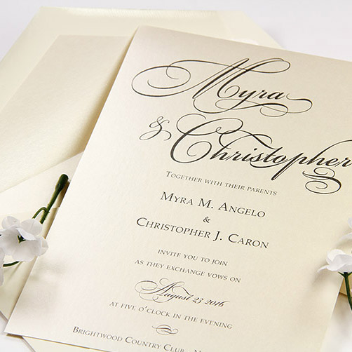 Simple metallic wedding invitation printed at home with laser printer