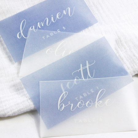 Lightweight vellum place cards. Vellum printed with white ink by LCI Paper