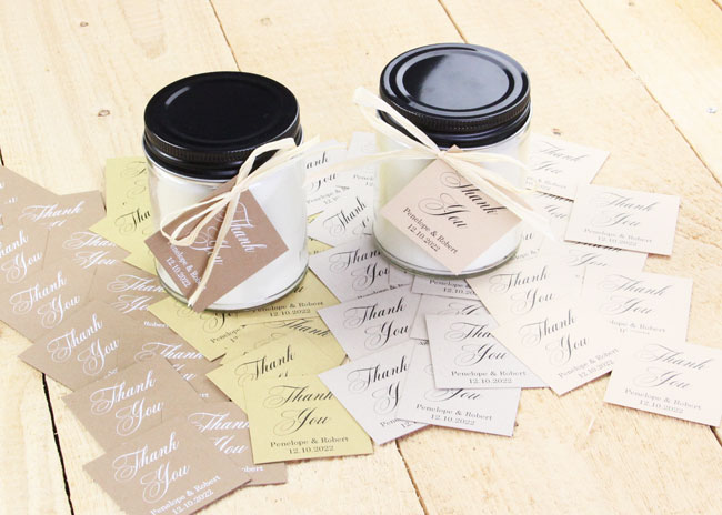 Kraft Personalized Wedding Favor Tags made with flat kraft cards printed in white from LCI Paper. Materials list and free template in post. Print at home or order printed.