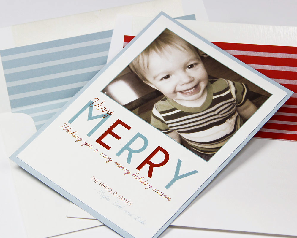 Red and blue layered photo holiday cards made with Gmund papers