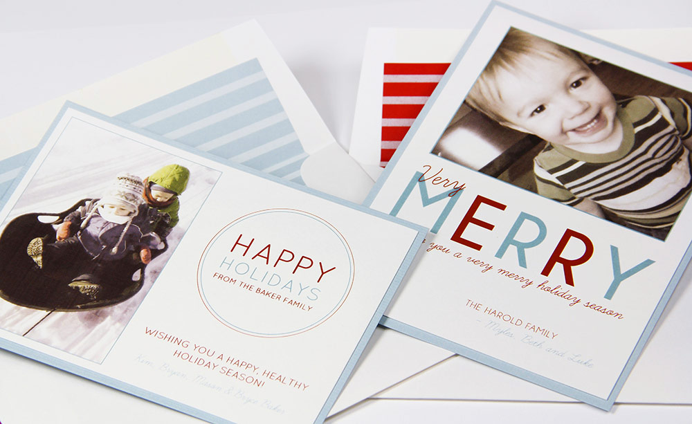 Red, white and blue photo holiday cards made by LCI Paper