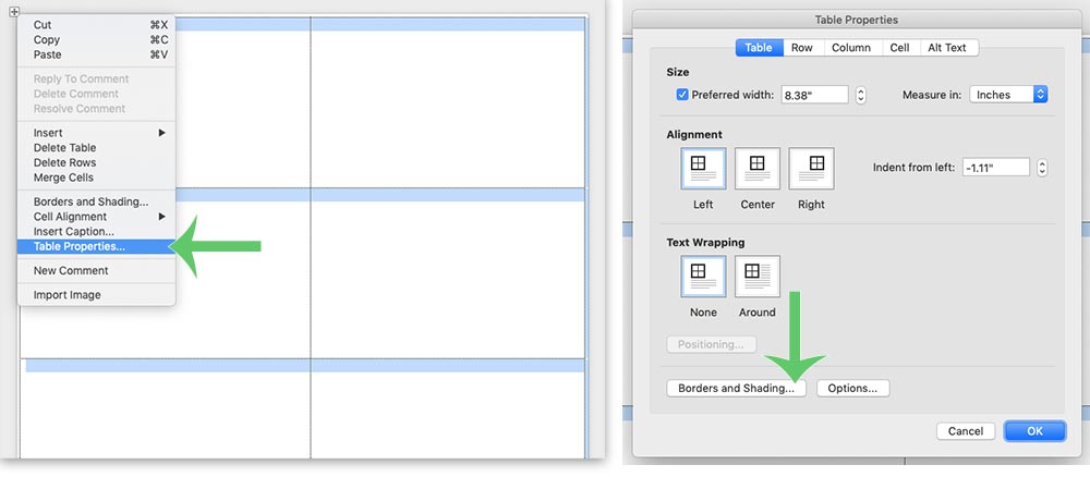 How to edit table borders in Microsoft Word. Free wedding place card template shown here.